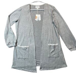 Blu Pepper NWT Open-Front Gray Ribbed Cardigan with Lace-Trim Pockets Size L